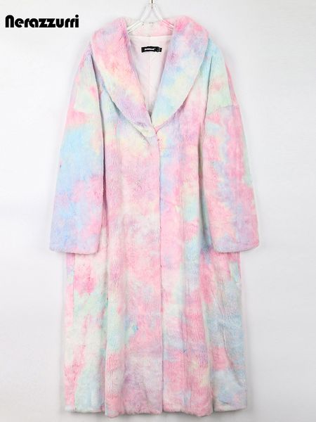 

womens fur faux fur nerazzurri winter long colorful loose casual thick warm fluffy faux fur coat women shawl collar tie dye designer clothes, Black