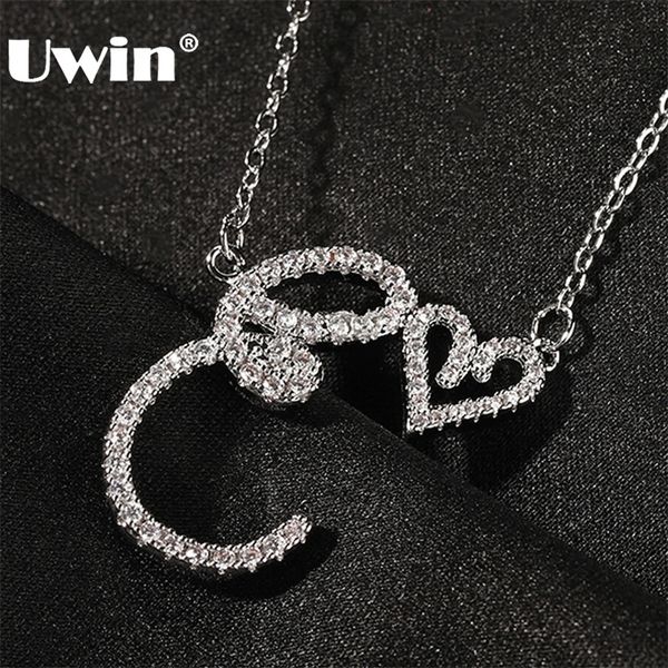

pendant necklaces uwin initial cursive letters with heart iced out letter charms small chain fashion jewelry 220924, Silver