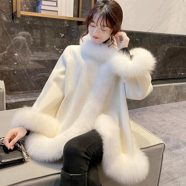 

women's leather & faux leather fur collar women jackets woolen coat winter temperament warm cape wool blends office lady outwear, Black