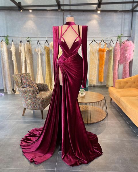 

velvet mermaid evening dresses winter high neck side split prom dress long sleeve women pageant party gowns, Black;red