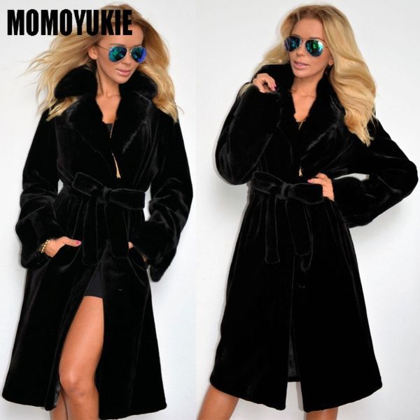 

womens fur faux fur winter korean stytle chic fashion belt lapel without buttons long warm fluffy faux fur coatwomen thicken warm long sleev, Black