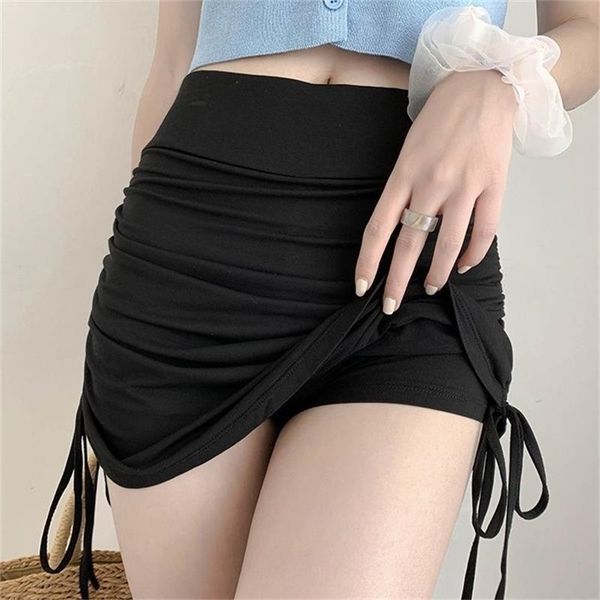 

skirts skirts female harajuku summer autumn period ladies thread side draw string elastic mini skirts womens chic 220924, Black