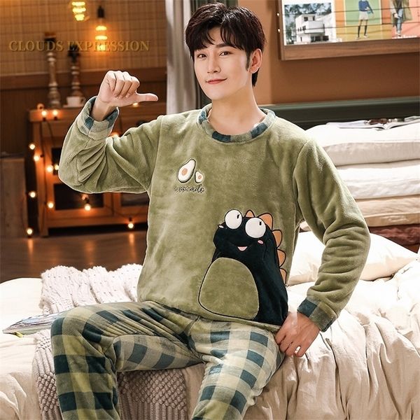

men's sleepwear autumn winter warm flannel cartoon monster pajama sets thick men coral fleece sleep lounge pajamas clothing 220924, Black;brown