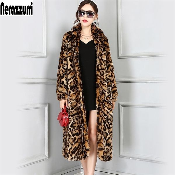 

womens fur faux nerazzurri european fashion long thick warm leopard coat women stand collar female winter overcoat 5xl 6xl 220927, Black