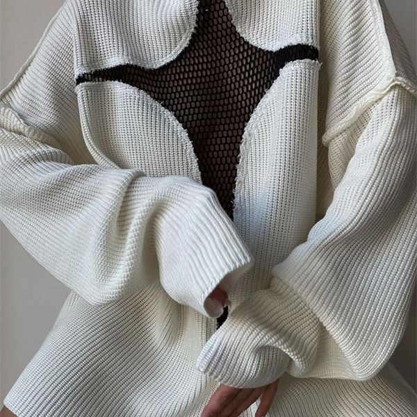 

womens sweaters y2k sweater women autumn winter oversized loose knitted pullovers hollow out patchwork mesh turtleneck jumper female streetw, White;black