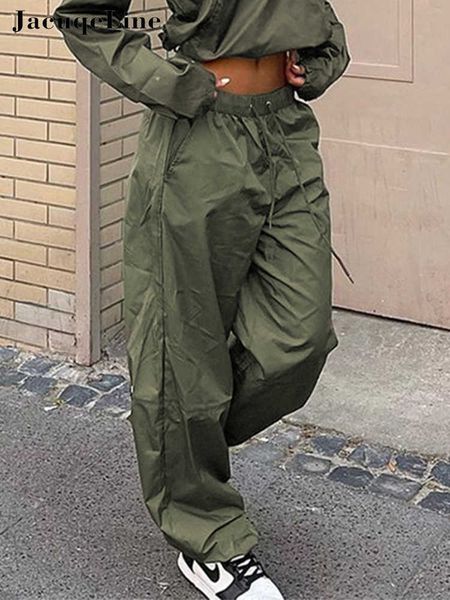 

women's pants capris jacqueline 2022 autumn y2k army green baggy cargo drawstring pants women long sleeve and high waist straight pant, Black;white
