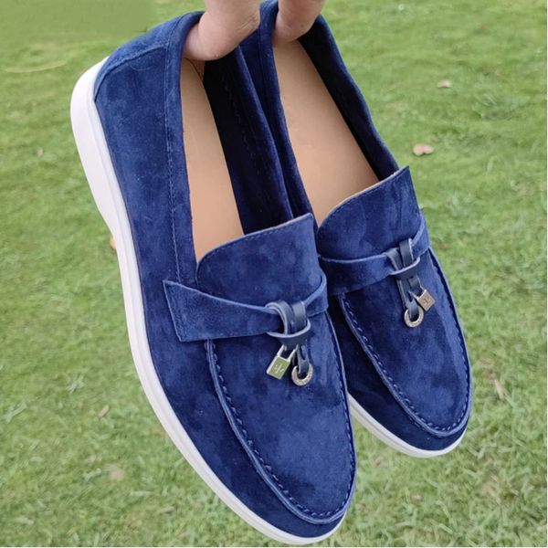 

multicolor real leather suede comfortable flat shoes for women round toe metal lock decoration causal shoes women, Black
