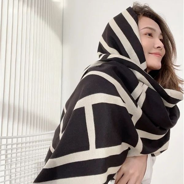 

scarves autumn and winter minimalist line printing wool cashmere jacquard shawl scarf 220927, Blue;gray
