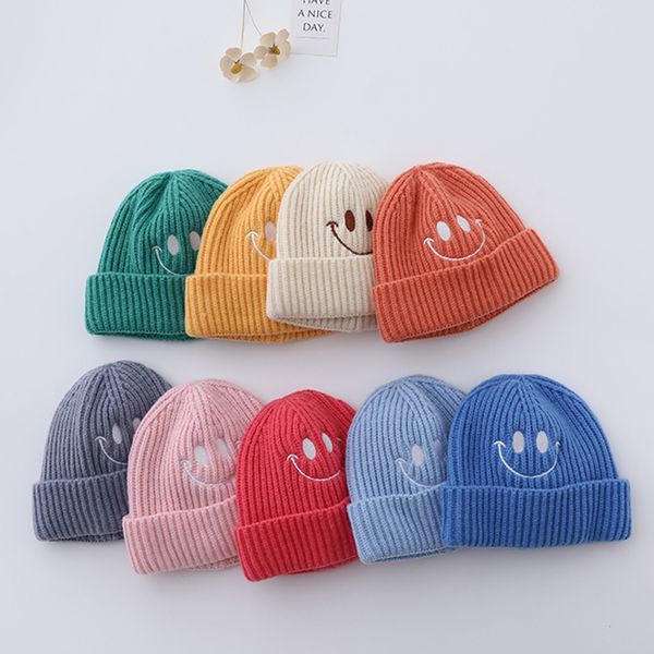

m514 autumn winter baby kids knitted hat for boys boys cartoon embroidery smile caps children skull beanies warm hats, Yellow