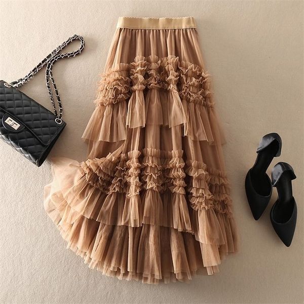 

skirts elastic high waist mesh cake skirt women fashion sweet solid color spring autumn petticoat tulle pleated skirt female 220924, Black