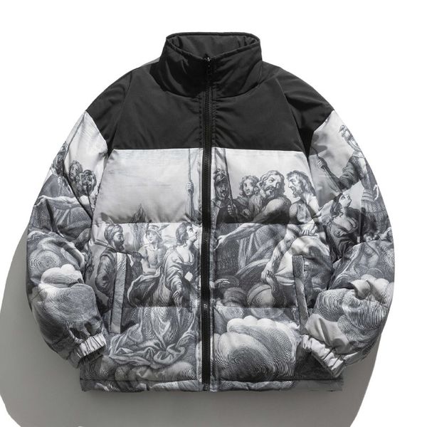 

men's down parkas men vintage thick portrait print jacket fashion harajuku casual oversize coat winter warm couple stand up collar outw, Black
