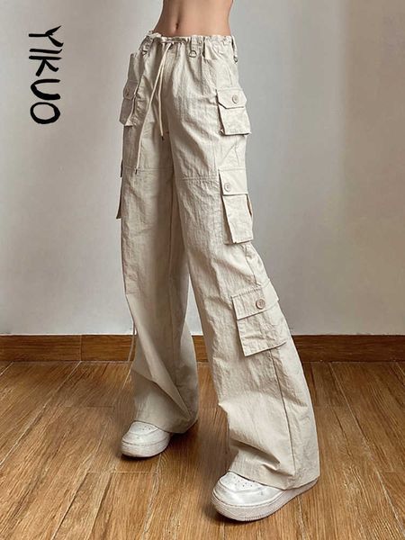 

women's pants capris yikuo pocket patchwork straight pants light khaki low rise baggy casual cargo pants for women harajuku 2000s joggi, Black;white
