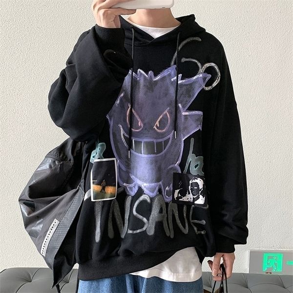 

men's hoodies sweatshirts man hip hop autumn winter casual insane print hooded boy long sleeve loose pullovers clothes outerwears 2209, Black