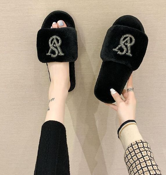 

flats sandals platform ug slippers shoes winter fur cotton slippers yslity house full furry soft plush heel non slip luxury designer casual, Black