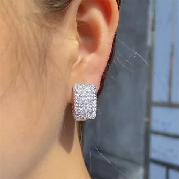 

hoop huggie threegraces sparkling micro pave cubic zirconia rectangle shape silver color earrings for women chic party jewelry er649 220924, Golden;silver