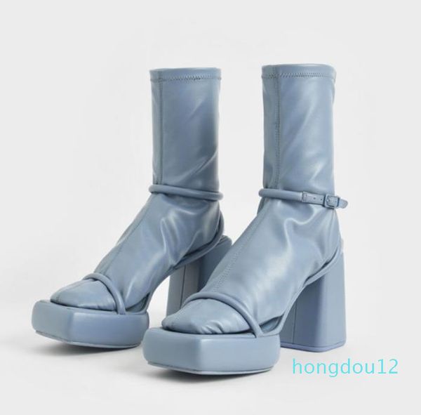

boots summer sandal shoes brand design women's chunky high heeled blue platform sock booties, Black