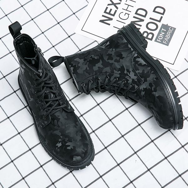 

British Short Boots Men Shoes Personality Camouflage Round Head Thick Bottom Lace Side Zipper Fashion Casual Street Outdoor Daily AD255, Clear