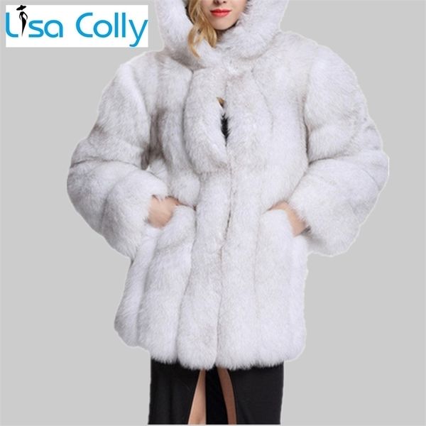 

womens fur faux lisa colly fashion women autumn winter coat long sleeve outerwear lady sleeves with hoodes jacket s4xl 220927, Black
