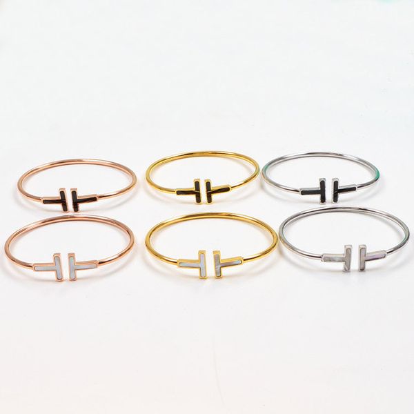 

double "t" wristband bangle white fritillaria women's gold cuff bracelet 17cm open designer bracelets adjustment silver rose, Black