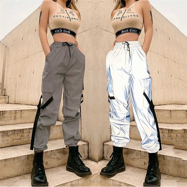 

women's pants capris 2020 autumn new women fashion high waist reflective lace up tooling urban casual pants female street style loose l, Black;white