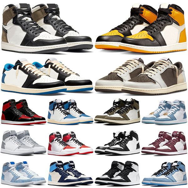

travis scotts 1 jumpman 1s lows basketball shoes taxi reverse mocha fragment denim university blue bred patent panda white black mens