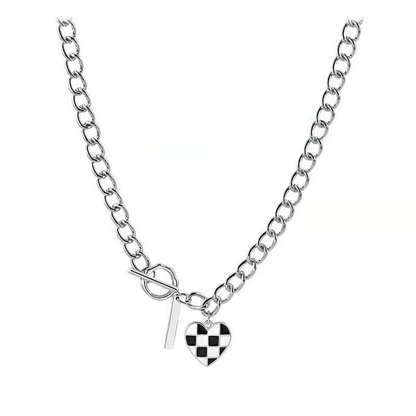 

punk titanium steel geometric checkerboard heart necklace sweater chain female jewelry, Silver