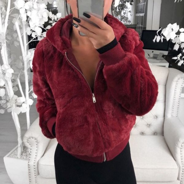 

women's fur faux fur plush jacket zipper closure thickened elastic cuff women hoodie with pocket outwear casacos de inverno feminino ja, Black
