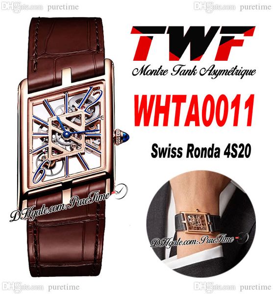 

twf whta0011 swiss ronda 4s20 quartz watch montre asymetrique mens ladies watches rose gold skeleton dial brown leather womens super edition, Slivery;brown