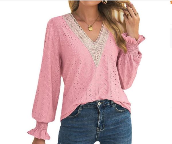 

womens t shirt new long sleeve loose cut-out stitching v-neck lace, White