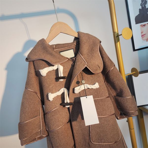 

baby designer clothes coats new mid-length wool coat hooded long-sleeved jacket woolen overcoats for boys and girls horn button kids clothin, Blue;gray