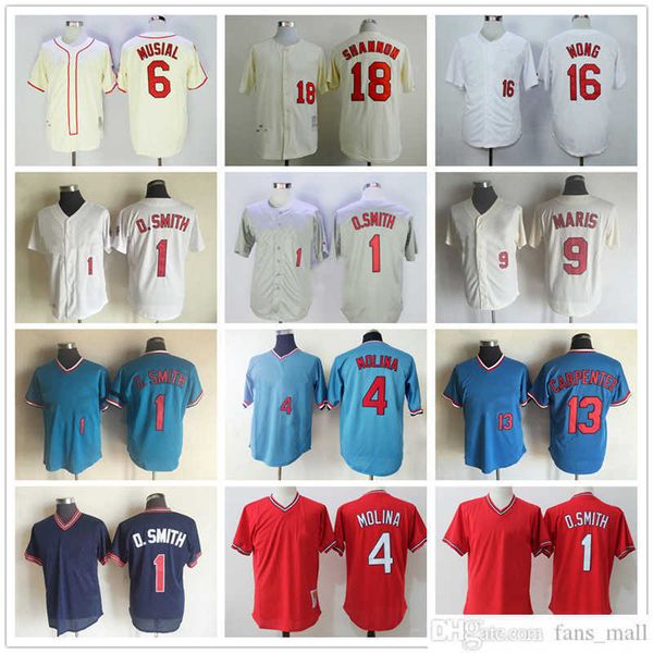 

mitchell and ness baseball jersey vintage 1 ozzie smith 4 yadier molina 6 stan musial 9 roger maris carpenter wong shannon 1944 1969 jerseys, Blue;black