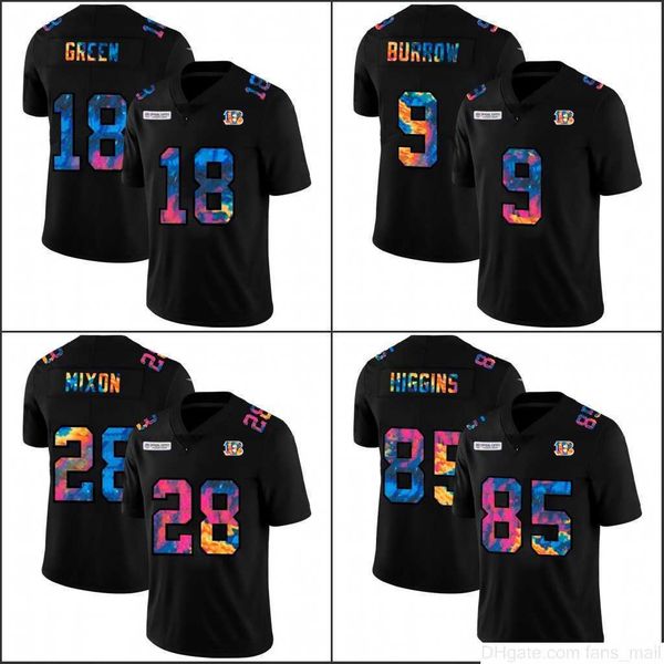 

cincinnati's bengals's men #9 joe burrow 28 joe mixon 85 tee higgins 18 a.j. green multi color black crucial catch women youth lim, Black;red