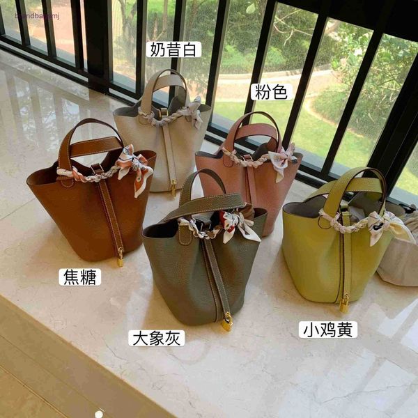 

bags herme vegetable basket bag layer leather bucket hand women's hand litchi pattern versatile fashion