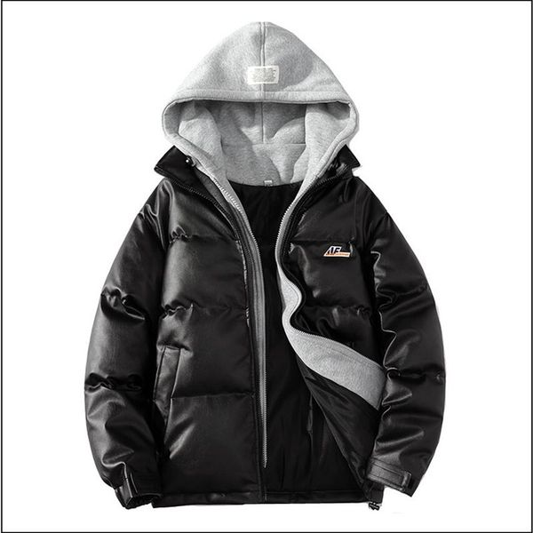 

men's down parkas fake two piece cotton padded jacket winter korean version loose trend plush thickened pu leather 220927, Black