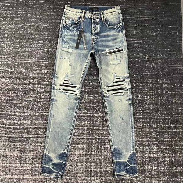

hm581 mens jeans distressed motorcycle biker jean rock skinny slim ripped hole stripe fashionable snake embroidery denim pants, Blue