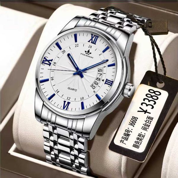 

watch men's waterproof steel band calendar quartz fashion, Slivery;golden