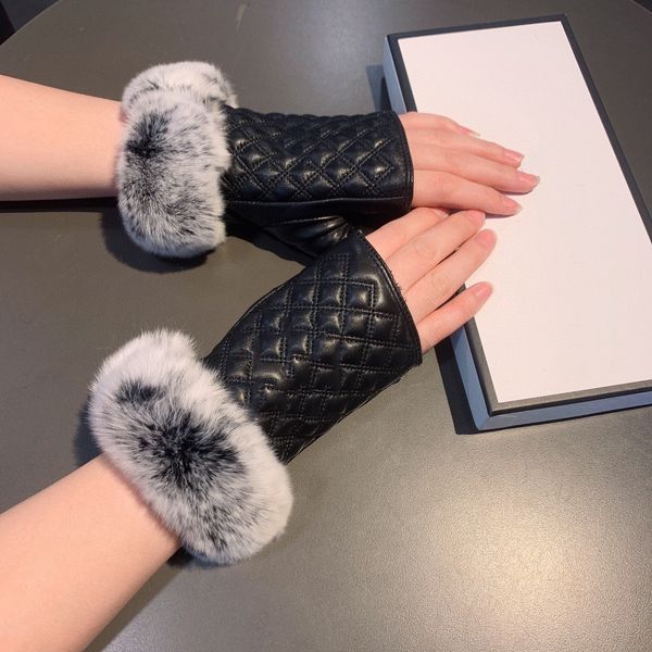 

ch designer gloves leather glove ladies sheepskin rabbit fur winter mitten for women official replica counter quality european size t0p qual, Blue;gray