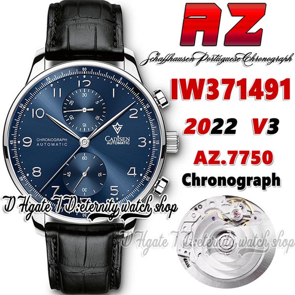 

azf v3 zf371491 a7750 automatic chronograph mens watch blue dial number markers stainless case black leather strap 2022 super edition satch, Slivery;brown