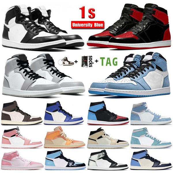 

1s mens basketball shoes university blue 1 unc dark mocha hyper royal pine green paint drip men sports women sneakers trainers lp uib, Black