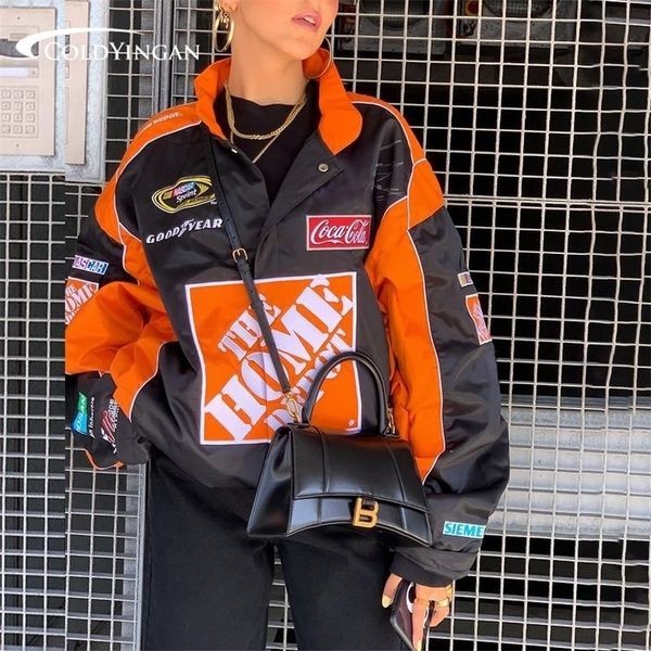 

womens jackets bomber racing jackets women casual long sleeve racing jackets vintage printed zipper womens jacket women coat winter clothes, Black;brown