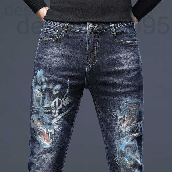 

men's jeans designer guangzhou printed trousers fashion brand slim fit casual embroidered denim autumn and winter dz77, Blue