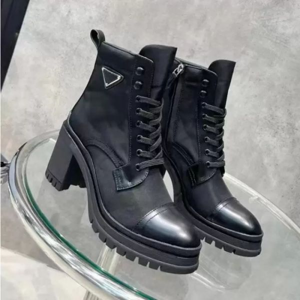

new women designer plaque boots black combat high heel winter ankle boot fashion leather martin bootss lace up booties with box size 35-41