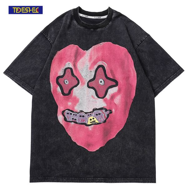 

men's t-shirts men hip hop washed t-shirt streetwear funny heart monster print t shirt harajuku short sleeve cotton casual tshirt 2209, White;black