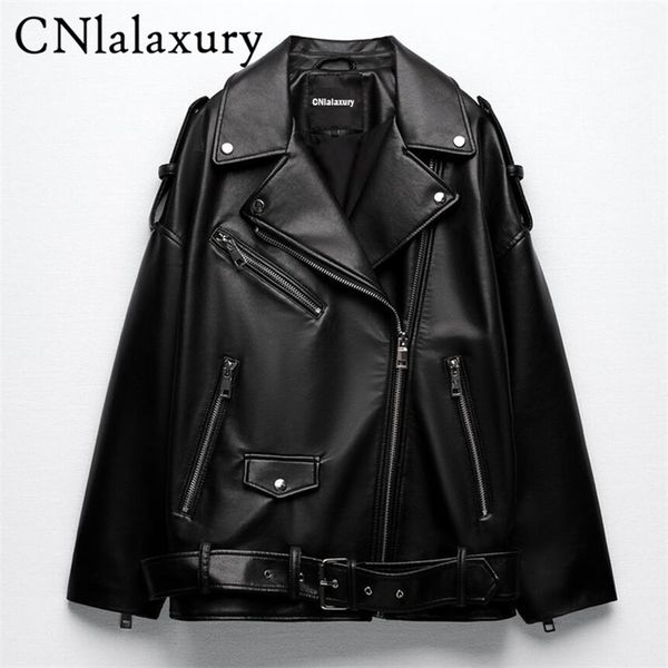 

men's leather faux leather cnlalaxury faux leather jacket women casual pu loose motorcycle outwear female streetwear oversized coat kor, Black