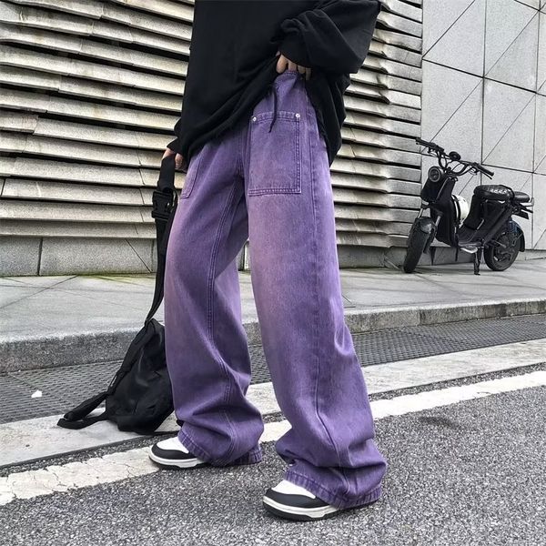 

men's jeans purple for men spring and autumn straight loose trousers oversize casual wide leg pants high street fashion male clothing 2, Blue