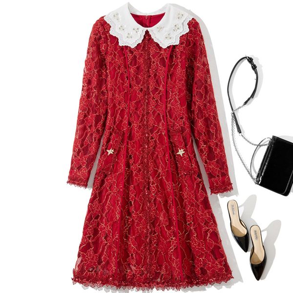 

2022 autumn peter pan neck lace beaded dress black / red contrast color long sleeve sequins short casual dresses 22s266604, Black;gray