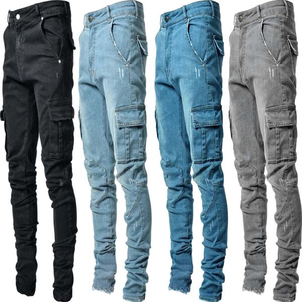 

men's jeans est europe men pencil pants casual cotton denim ripped distressed hole fashion side pockets cargo 220927, Blue