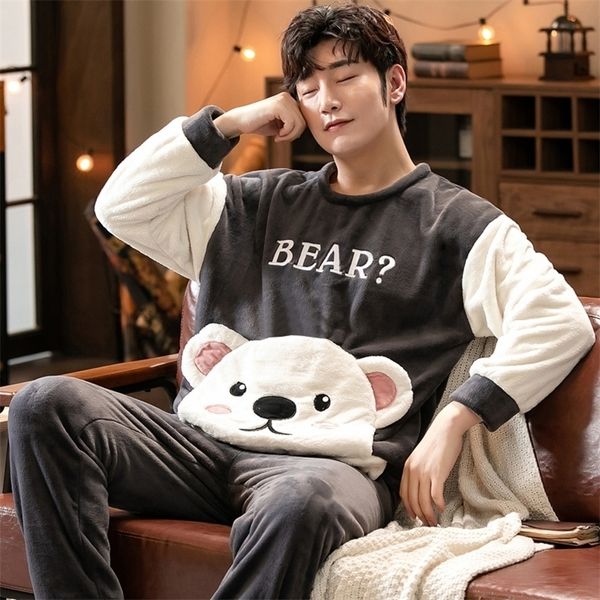 

men's sleepwear winter long sleeve thick warm flannel pajama sets for men coral velvet cute cartoon sleepwear suit pyjamas homewear clo, Black;brown