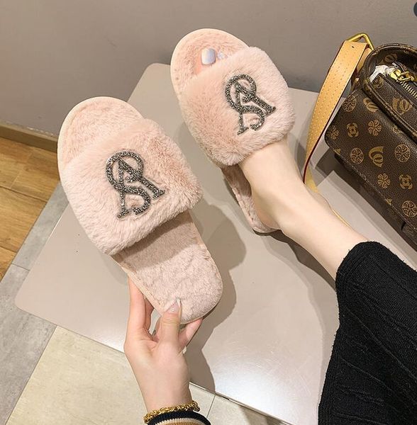 

shining crystal slippers platform flats designer shoes casual ladies winter baleciga indoor fur house full furry soft fluffy plush heel non, Black