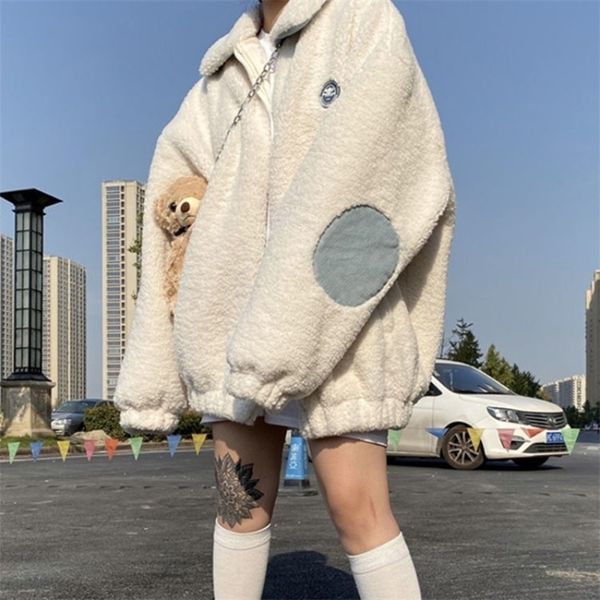 

womens jackets deeptown kawaii cute lambswool jacket women korean style preppy oversize casual winter zipper coat female japanese girl 2209, Black;brown